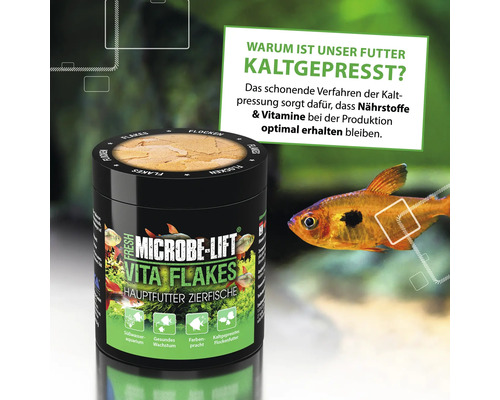 Nourriture en flocons MICROBE-LIFT Vita Flakes 1000 ml, aliment de base pour poissons d'eau douce, stimule la splendeur des couleurs, pression à froid Microbe-Lift Vita Flakes nourriture principale pour poissons d''ornement en boîte avec poisson en arrière-plan