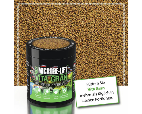Aliment pour poissons d''ornement Microbe-Lift Vita Gran dans un récipient avec du granulé