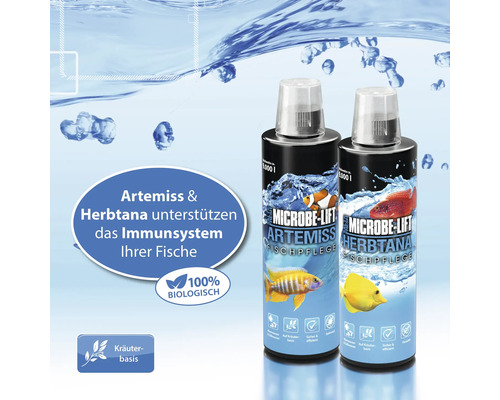 Zwei Flaschen Microbe Lift Artemiss und Herbtana Fischpflege zur Unterstützung des Immunsystems