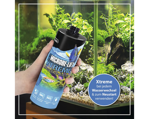 Microbe-Lift Xtreme Wasseraufbereiter in der Hand vor Aquarium