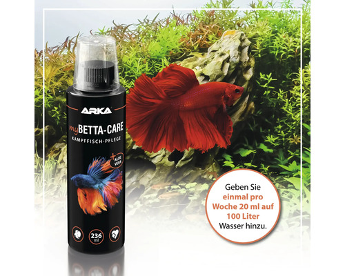 Arka MyBetta Care für Kampffische, 236 ml Flasche vor Aquarium