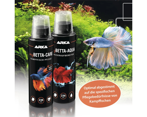 Zwei Flaschen Arka MyBetta Care und Arka MyBetta Aqua zur Wasseraufbereitung und Pflege von Kampffischen.