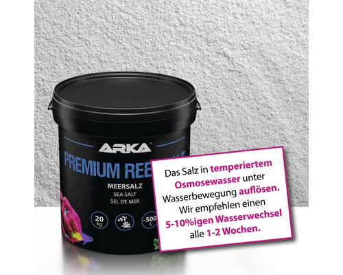 Arka Premium Reef Meersalz im schwarzen Eimer mit Pflegehinweis