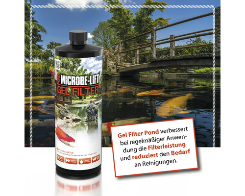 Microbe Lift Gel Filter für Teiche vor einem Teich mit Brücke