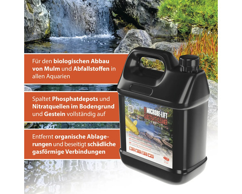 Microbe Lift Substrate Cleaner Flasche für Aquarien vor einem Wasserfall