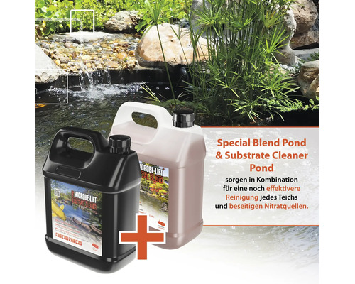 Microbe-Lift Teichreiniger und Substrat-Reiniger vor Teichkulisse