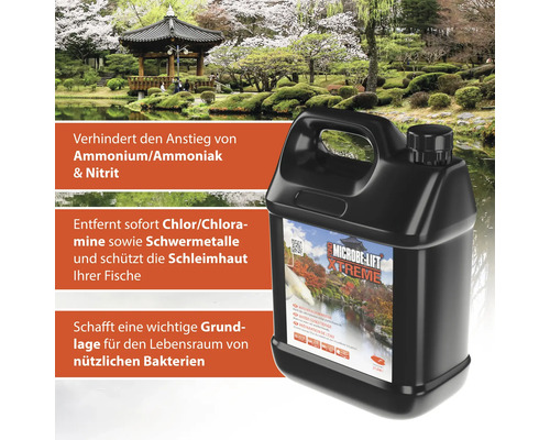 Microbe Lift Xtreme Wasseraufbereiter im schwarzen Kanister vor Gartenteich
