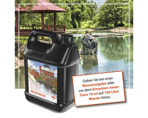 Microbe-Lift Xtreme Wasseraufbereiter Kanister vor Teichkulisse