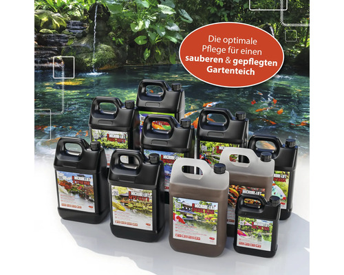 Verschiedene Kanister mit Teichpflegeprodukten der Marke Microbe Lift vor einem Gartenteich