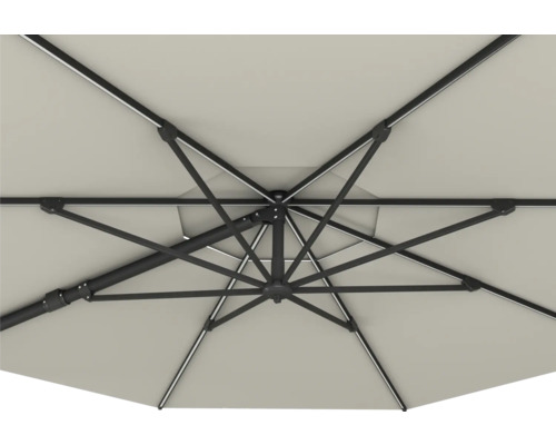 Unteransicht eines geöffneten Sonnenschirms mit Gestell