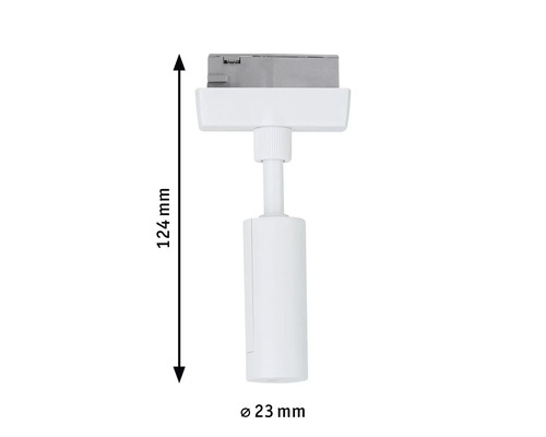 Abbildung eines weißen Schienenstrahlers mit den Maßen 124 Millimeter Höhe und 23 Millimeter Durchmesser