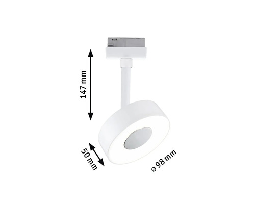 Abbildung einer runden, weißen Schienenleuchte mit den Maßen 147 mm Höhe und 98 mm Durchmesser