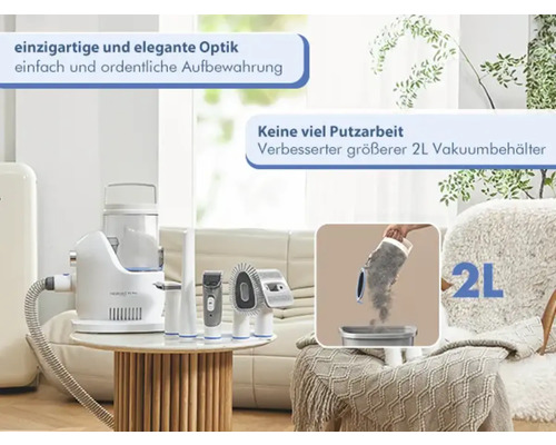 Dampfreiniger mit verschiedenen Aufsätzen und einem zwei Liter Vakuumbehälter auf einem Tisch.