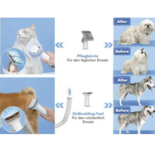 Darstellung einer Tierbürste für Katzen und Hunde mit Vorher-Nachher-Effekt.
