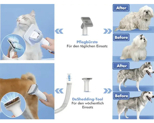 Darstellung einer Tierbürste für Katzen und Hunde mit Vorher-Nachher-Effekt.