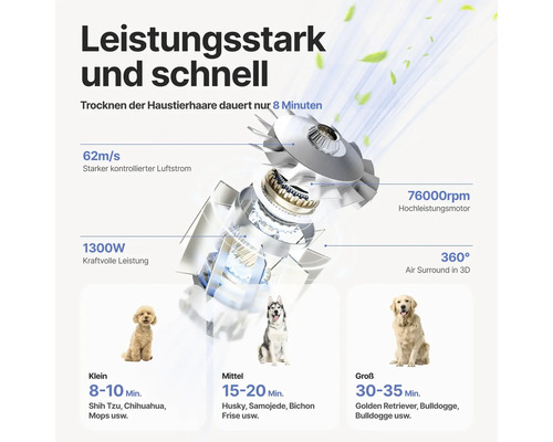 Informationen zur Leistung eines Haartrockners für Tiere mit Angaben zur Trocknungszeit, Luftstrom und Motorleistung.