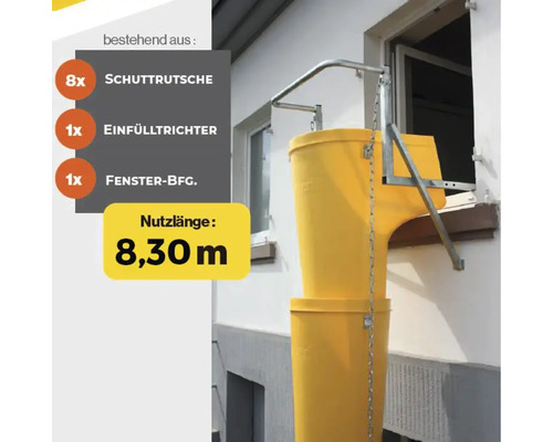 Bauschuttrutsche mit Einfülltrichter und Fensterhalterung, Nutzlänge 8,30 Meter