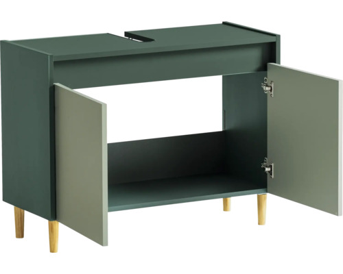 Meuble sous-vasque avec deux portes ouvertes et pieds en bois