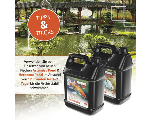 Zwei Behälter Microbe-Lift Artemiss und Herbtana Pond vor einem Gartenteich mit Brücke