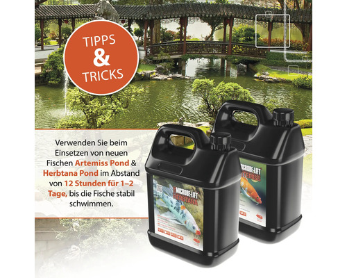 Zwei Behälter Microbe-Lift Artemiss und Herbtana Pond Fischpflegemittel vor einem Gartenteich