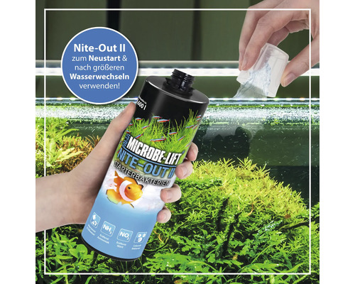 Microbe Lift Nite Out II Starterbakterien Flasche vor Aquarium