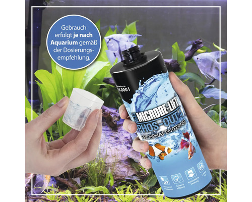 Microbe Lift Phos Out 4 Phosphat Entferner Flasche mit Messbecher vor Aquarium