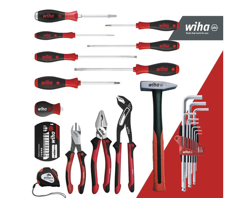 Wiha Werkzeugsatz mit Schraubendrehern, Zangen, Hammer, Inbusschlüsseln und Rollbandmaß