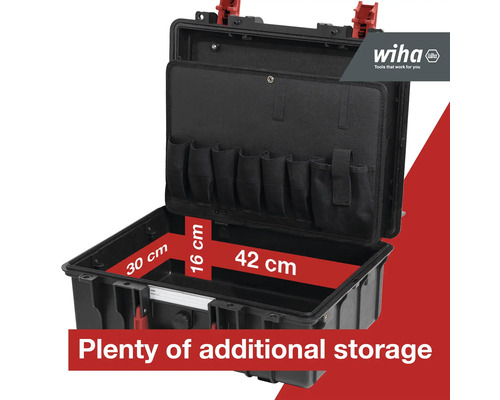 Offener schwarzer Werkzeugkoffer von Wiha mit den Maßen 30 cm x 16 cm x 42 cm