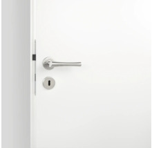 Porte blanche avec poignée de porte et trou de serrure de couleur argent