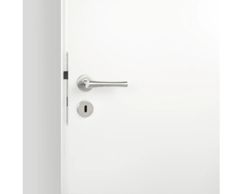 Porte blanche avec poignée de porte et trou de serrure de couleur argent