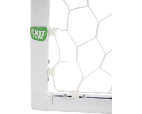 Vue détaillée d''un but de football avec filet et du logo Exit Toys.