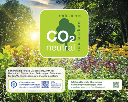 CO2 neutral Siegel für Garagentore, Antriebe, Haustüren, Zimmertüren, Stahlzargen, Stahltüren und Stauraumsysteme