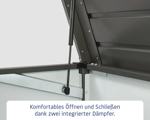 Detailansicht einer Gerätebox mit integrierten Dämpfern zum Öffnen und Schließen