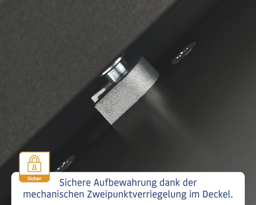 Detail einer mechanischen Zweipunktverriegelung im Deckel für sichere Aufbewahrung