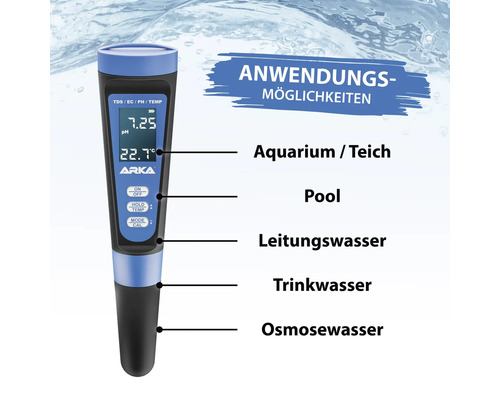 Arka pH-Meter zur Bestimmung des pH-Werts von Aquarium, Teich, Pool, Leitungswasser, Trinkwasser und Osmosewasser