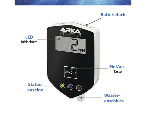Arka Aquatics Wassertester mit LED Bildschirm, Ein-Aus Taste, Statusanzeige, Batterie und Wasseranschluss
