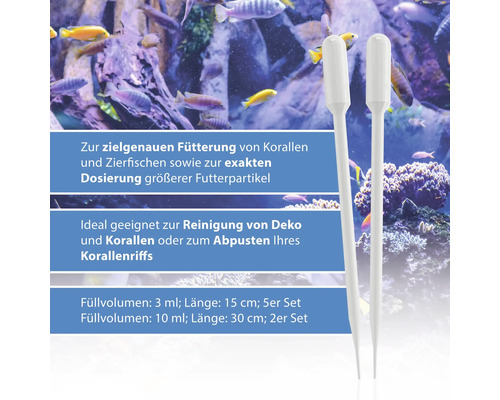 Zwei Futterpipetten vor einem Aquarium mit Fischen und Korallen