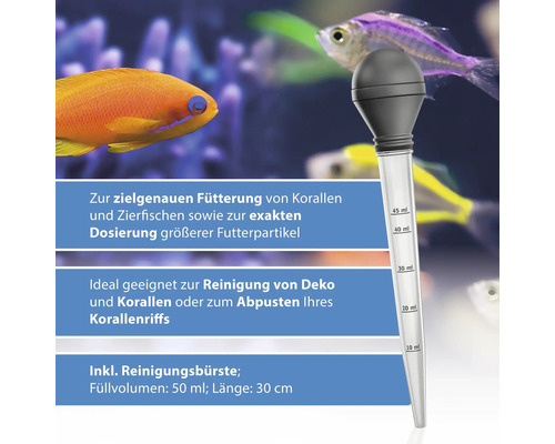 Dosierpipette zur Fütterung von Korallen und Zierfischen mit Reinigungspinsel, Füllvolumen 50 ml, Länge 30 cm