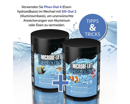 Microbe Lift Sili-Out 2 und Phos-Out 4 zur Silikat- beziehungsweise Phosphatentfernung im Aquarium