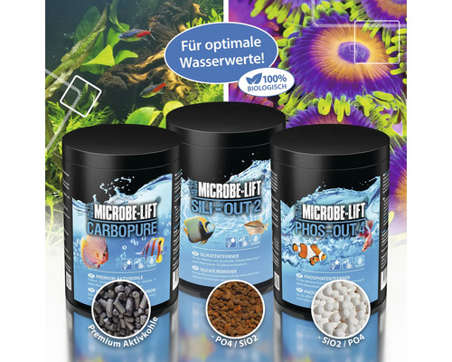 Drei Behälter Microbe-Lift zur Optimierung der Wasserwerte für Aquarien mit Aktivkohle, Silikatentferner und Phosphatentferner
