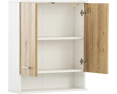Geöffneter weisser Hängeschrank mit zwei Einlegeböden und Holztüren