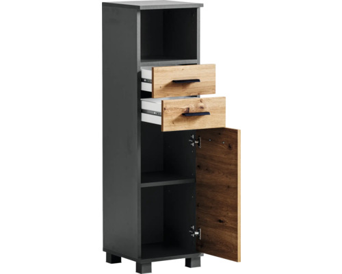 Armoire de salle de bain étroite avec deux tiroirs et une porte