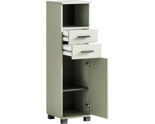 Armoire de salle de bain avec deux tiroirs, compartiment ouvert et porte