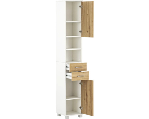 Armoire de salle de bain haute avec étagères, tiroirs et portes
