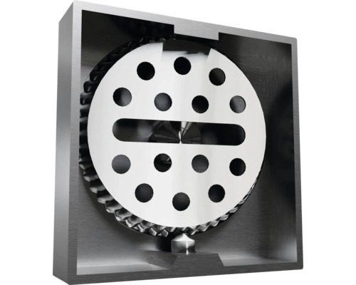 Trancheuse avec lame ronde à trous et fente dans un boîtier métallique.