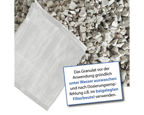 Filterbeutel vor Granulat und Hinweiszettel