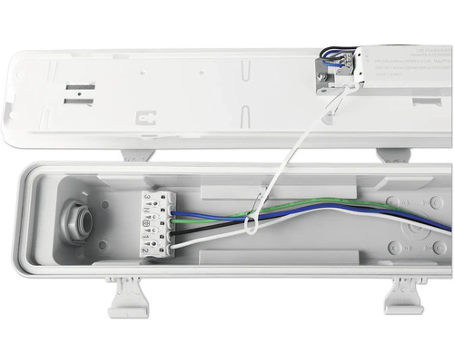 Vue intérieure d''un luminaire pour locaux humides ouvert avec câblage et bornes