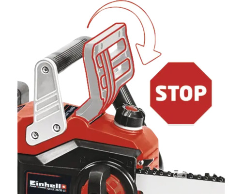Présentation du système de sécurité d'une tronçonneuse avec un panneau stop