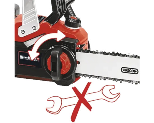 Tronçonneuse à une main avec flèche indiquant le mouvement rotatif et symbole indiquant qu''aucun outil n''est nécessaire