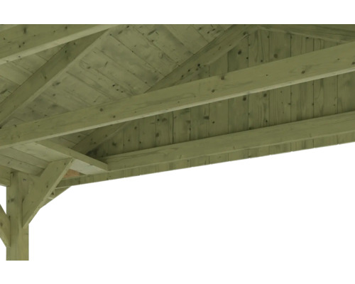 Gros plan sur la structure en bois d''un pavillon.